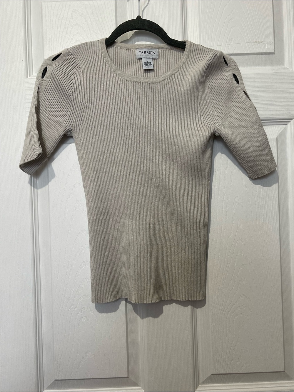 Carmen Short Sleeve Ribbed Top in Light Beige